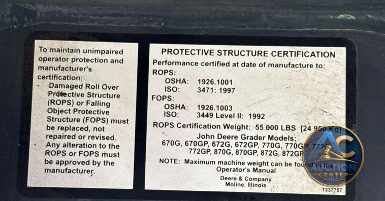 2015 John Deere 872GP motor grader